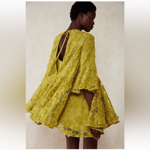 NWT Free People Le Fleur Mini Dress Lentil Sprout XS Lace Lined Bell-Sleeve Boho - Picture 2 of 14